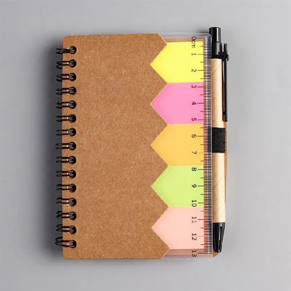 Kraft Paper Pocket Notebook with Pen, Sticky Tabs and Ruler
