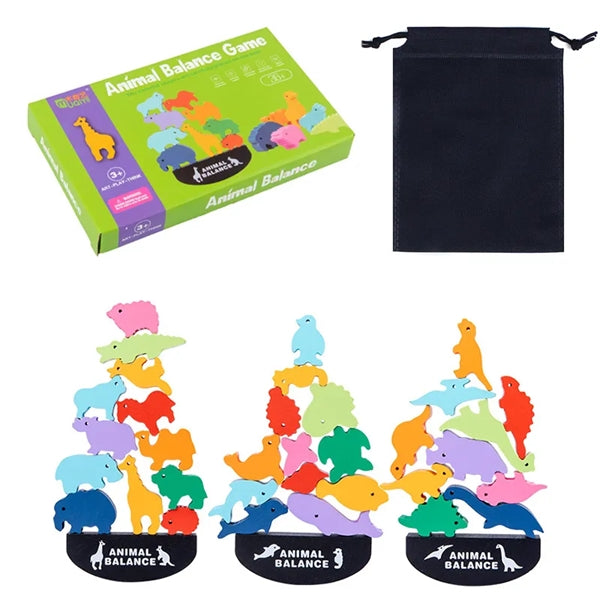 Wooden Balance Blocks Stacking Dinosaur Toys With Pouch Bag