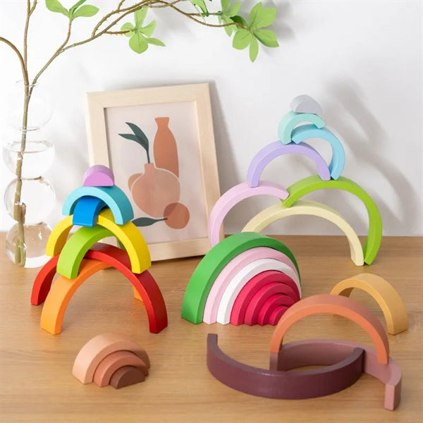 Wooden Rainbow Stacker Nesting Sort Building Blocks Toys