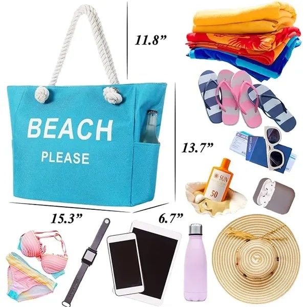 Large Canvas Beach Tote Bag with Zipper