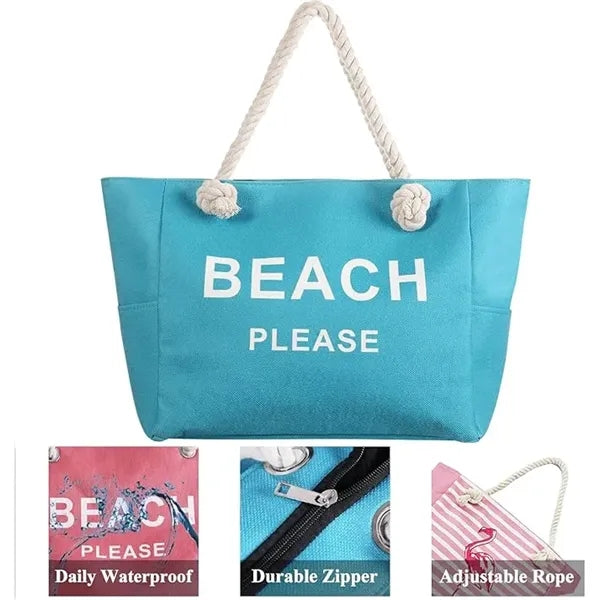 Large Canvas Beach Tote Bag with Zipper