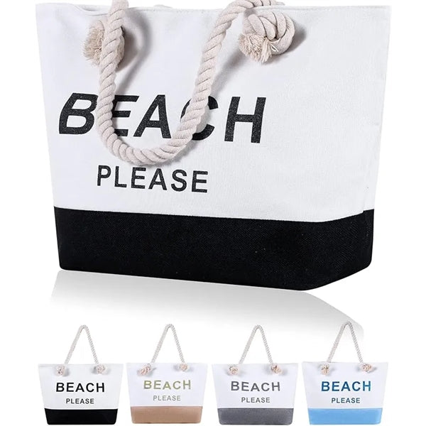 Two Tones Large Canvas Beach Tote Bag with Zipper