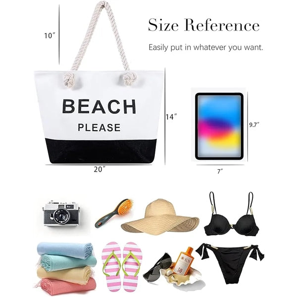 Two Tones Large Canvas Beach Tote Bag with Zipper