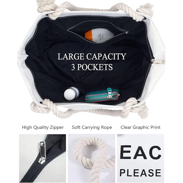 Two Tones Large Canvas Beach Tote Bag with Zipper
