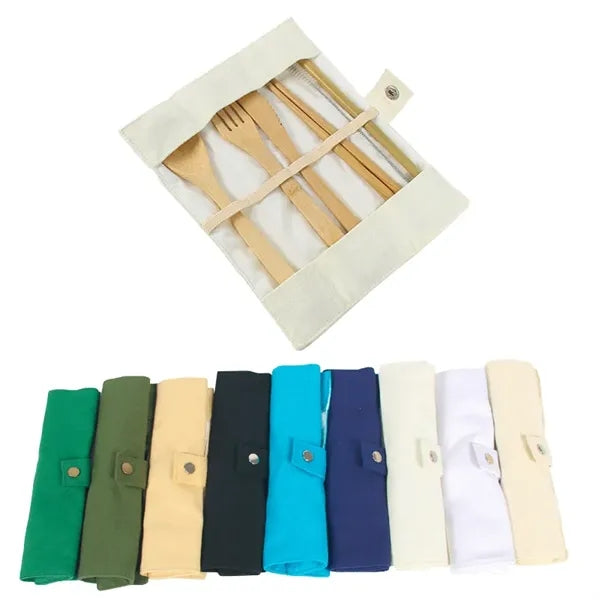 Portable Eco-Friendly Bamboo Camping Cutlery Set With Pouch
