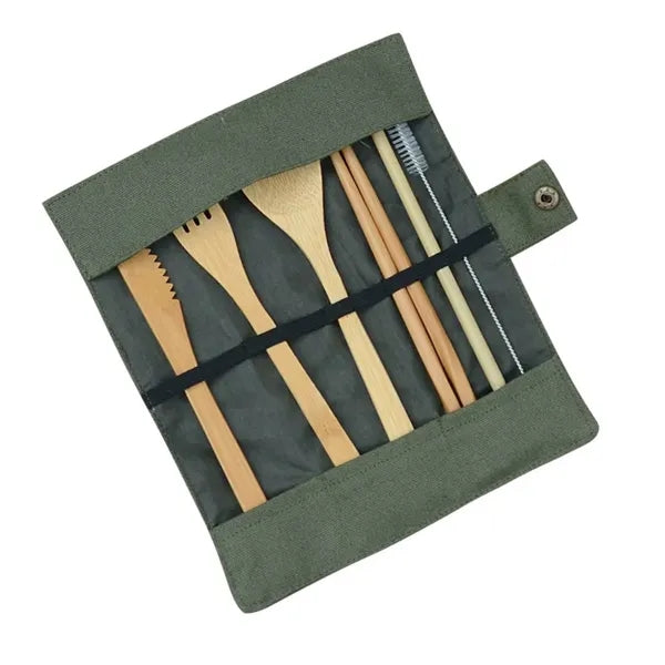Portable Eco-Friendly Bamboo Camping Cutlery Set With Pouch