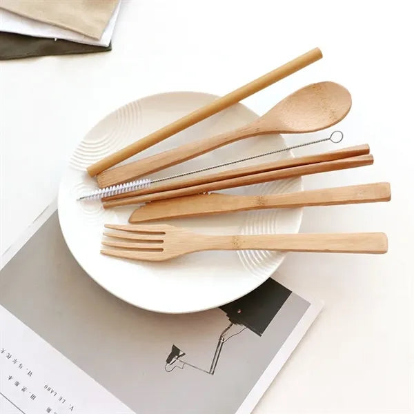 Portable Eco-Friendly Bamboo Camping Cutlery Set With Pouch