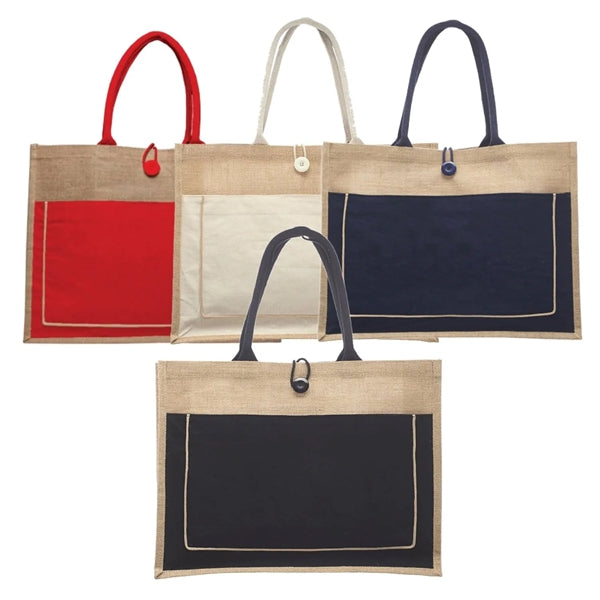 Two Tone Cotton Pocket Jute Tote Bag