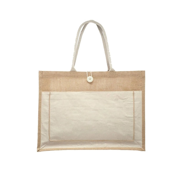 Two Tone Cotton Pocket Jute Tote Bag