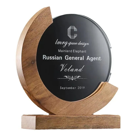 Crystal Trophy Award With Wood Base