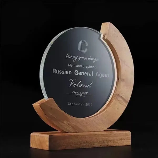 Crystal Trophy Award With Wood Base