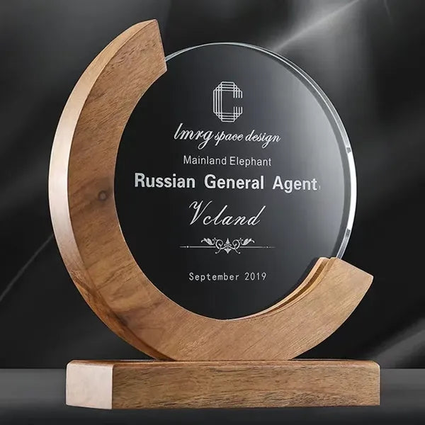 Crystal Trophy Award With Wood Base