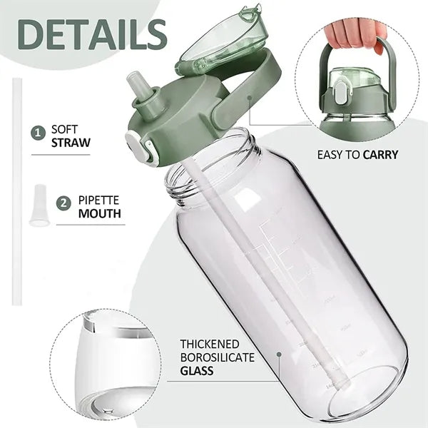 32oz Motivational Glass Water Bottle with Straw Handle