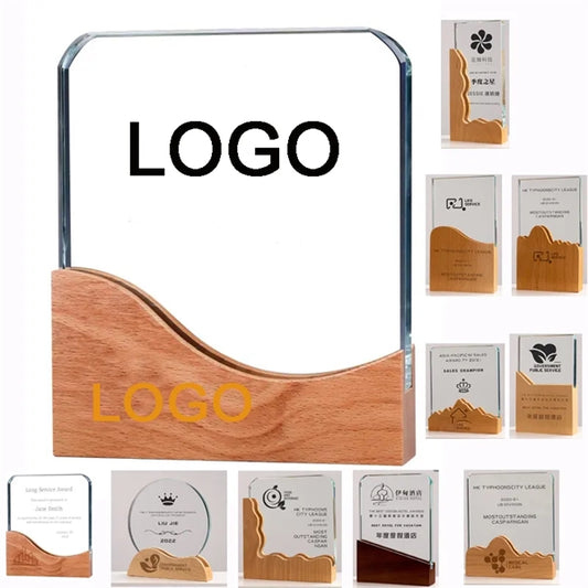 Square Crystal Awards with Wooden Base