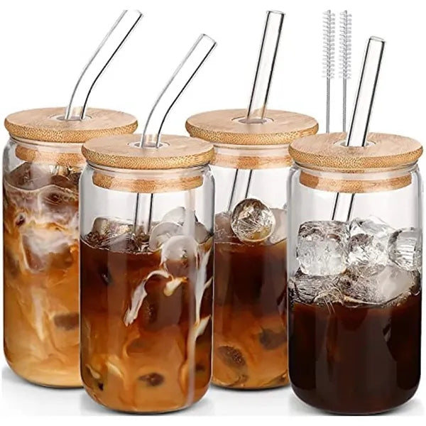 16oz Glass Cups with Lids and Straws