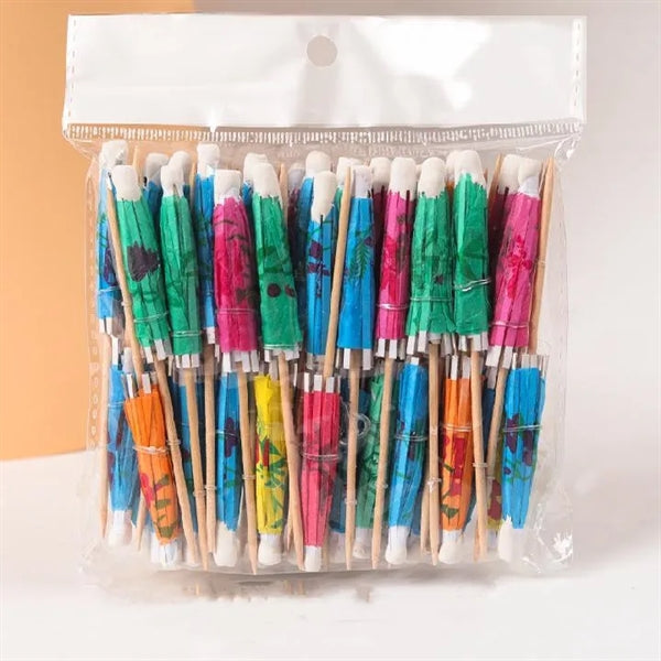 Full Color Decorative Paper Cocktail Umbrellas w/ wood picks