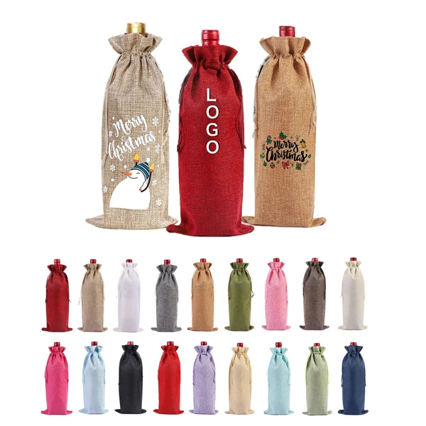 Linen Wine Bottle Jute Drawstring Bag