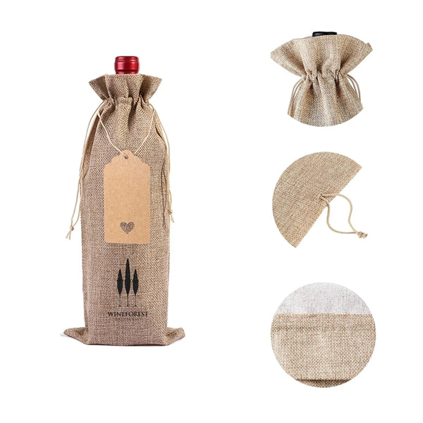 Linen Wine Bottle Jute Drawstring Bag
