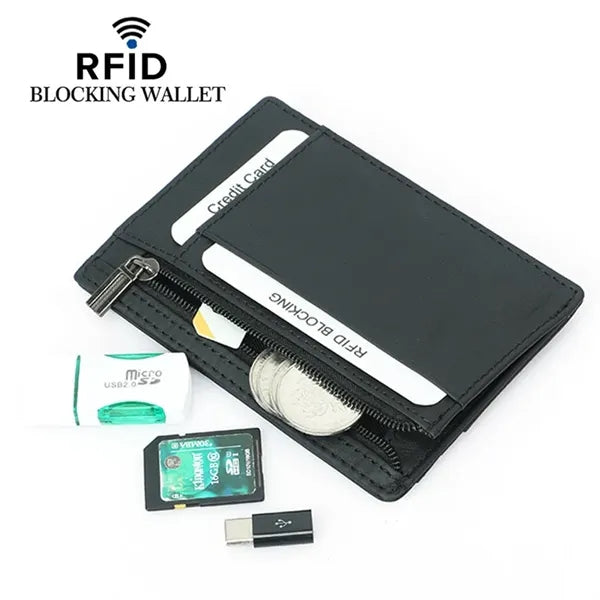 RFID Blocking Leather Wallet Zipper Credit Card Holder