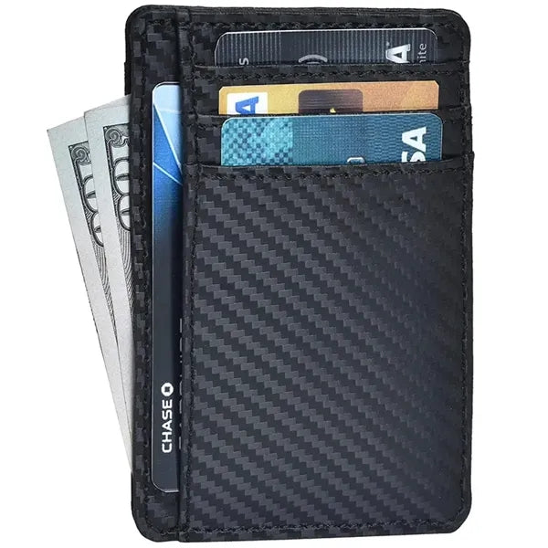 RFID Blocking Slim Leather Wallet Carbon Fiber Card Holder