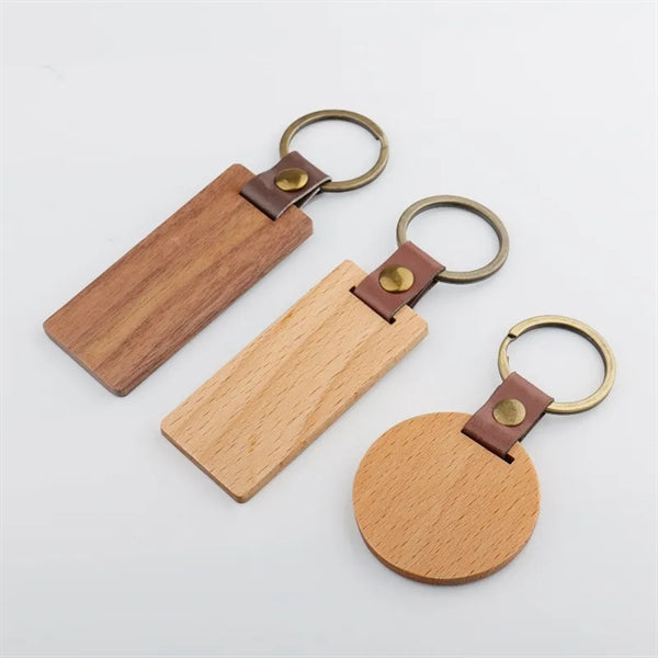 Wooden Keychain w/ Leather Strap