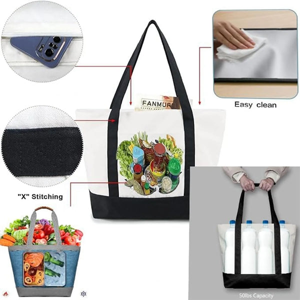 Cotton Tote Bag for Shopping Grocery Travel Zipper