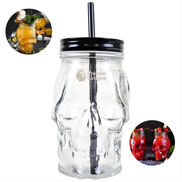 16 oz Glass Skull Cup with Straws