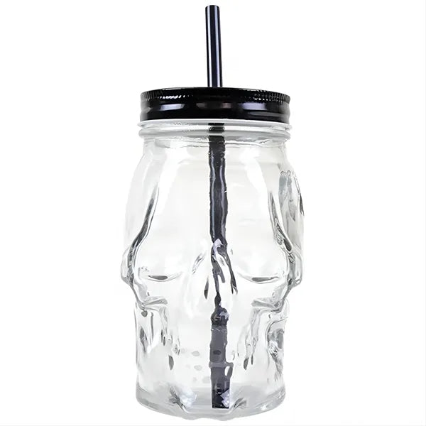 16 oz Glass Skull Cup with Straws