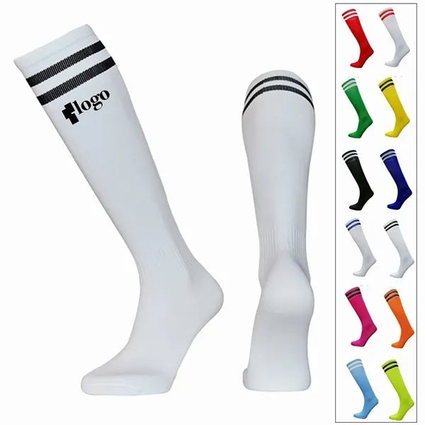 Embroidered Logo Soccer Knee High Tube Socks With Stripes