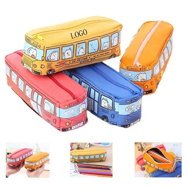 Cartoon City Bus Pencil Pouch Large Canvas Zipper Bag
