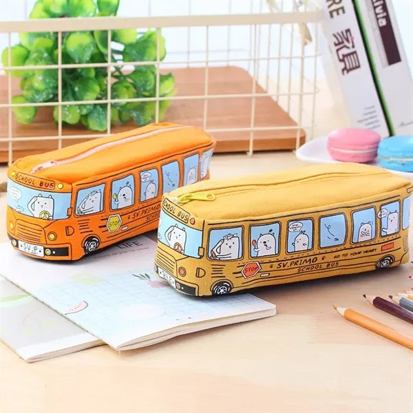 Cartoon City Bus Pencil Pouch Large Canvas Zipper Bag