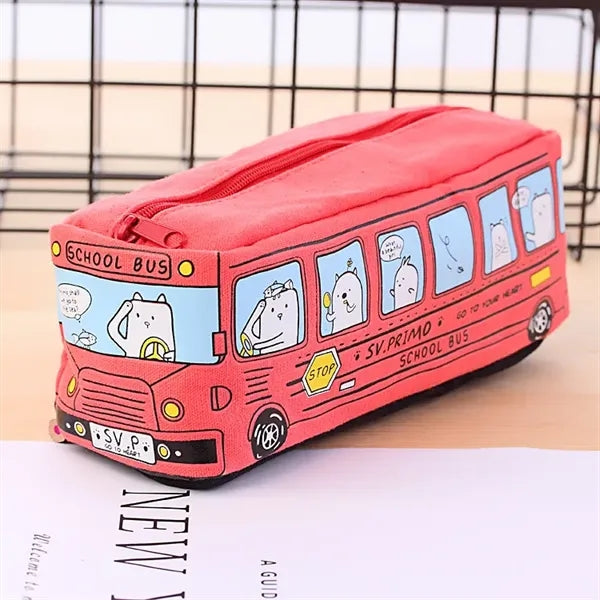 Cartoon City Bus Pencil Pouch Large Canvas Zipper Bag