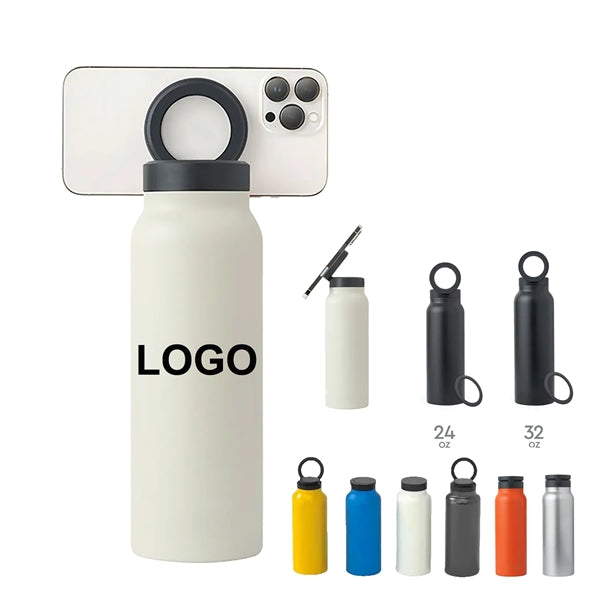 24 Oz Insulated Magnetic Water Bottle With Phone Holder Lid