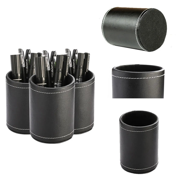 PU Leather Round Pen &Pencil Stationery Stand Desk Organizer