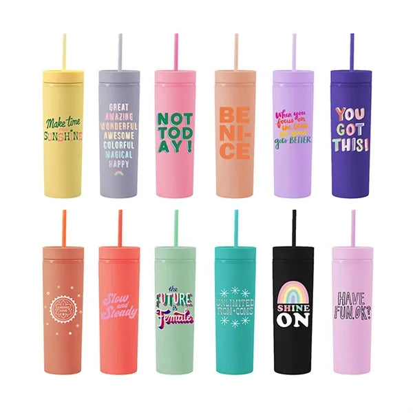 16 Oz. Skinny Tumblers With Lids And Straw