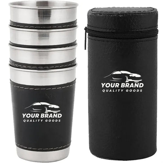 6oz. Portable Stainless Steel Cups Set With Leather Cover