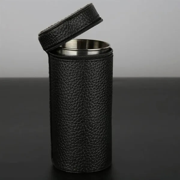 6oz. Portable Stainless Steel Cups Set With Leather Cover