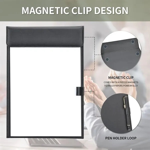 A4 Pu Leather Magnetic Clipboard w/Pen Holder