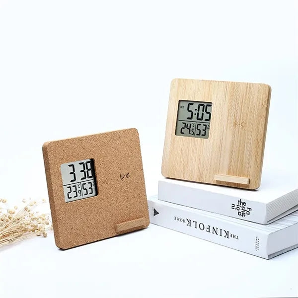 Wireless Charging Weather Temperature Humidity Bamboo Clock