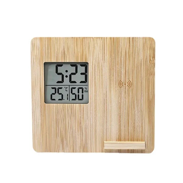 Wireless Charging Weather Temperature Humidity Bamboo Clock
