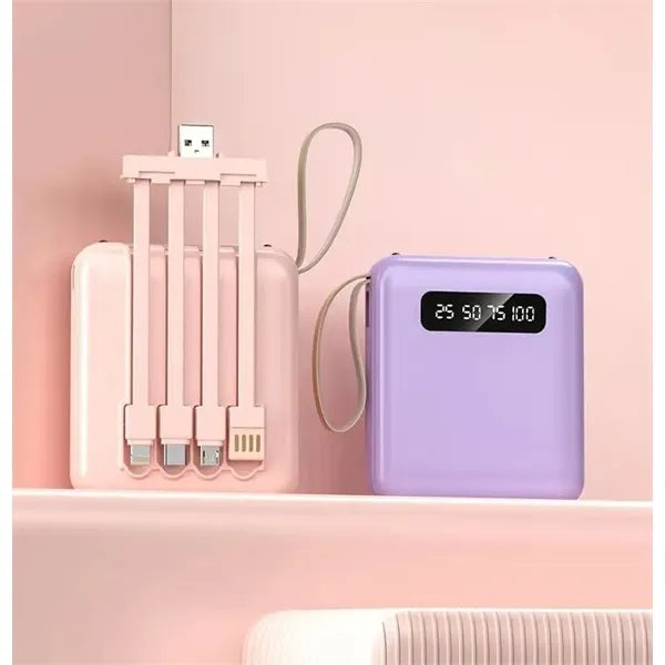 Mini Square 8000 Mah Power Bank With 4 Cable Sources