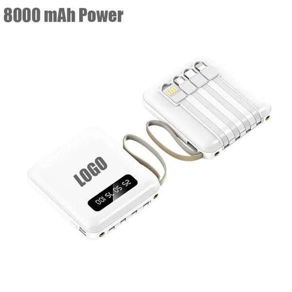 Mini Square 8000 Mah Power Bank With 4 Cable Sources