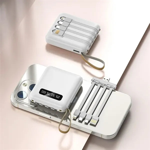 Mini Square 8000 Mah Power Bank With 4 Cable Sources