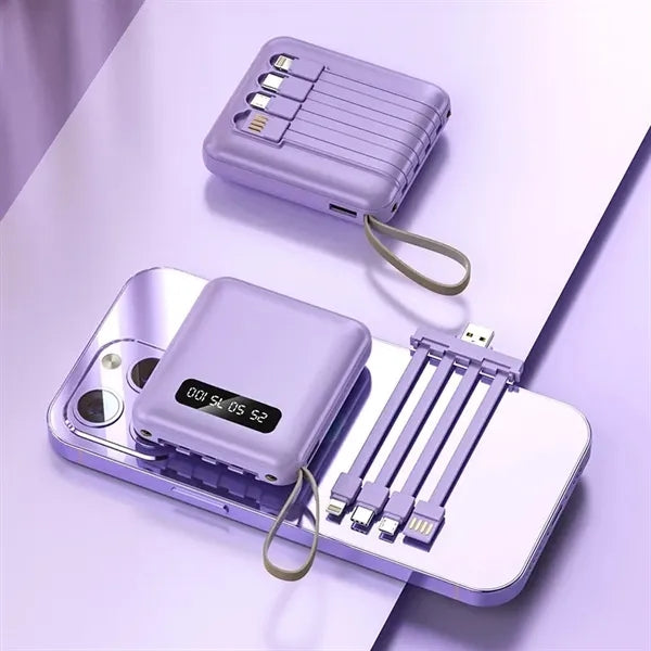 Mini Square 8000 Mah Power Bank With 4 Cable Sources