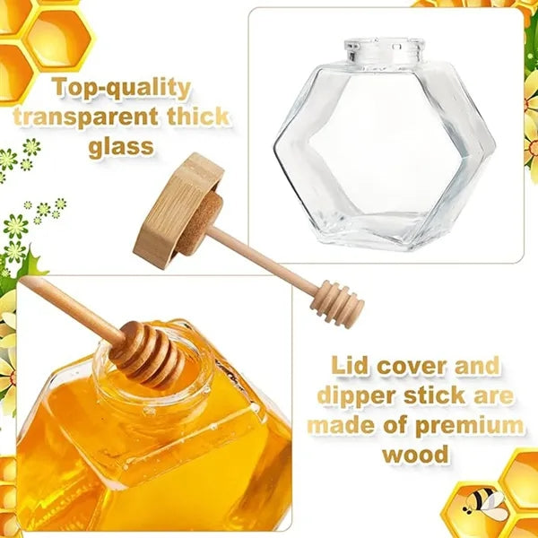 Honey Pot Glass with Wooden Dipper Container Storage