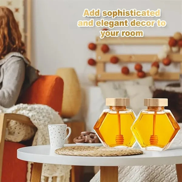 Honey Pot Glass with Wooden Dipper Container Storage