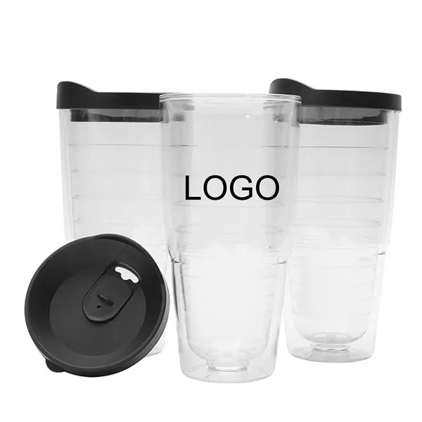 16oz Double Walled Clear Plastic Tumbler With Lidded