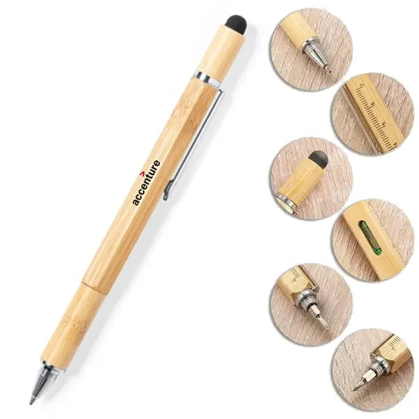 Multi Pen: Custom Logo 6-in-1 Bamboo Multi-Tool Pen