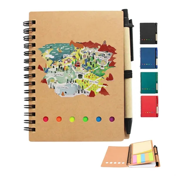 Kraft Paper Spiral Pocket Sticky Notebook With Pen