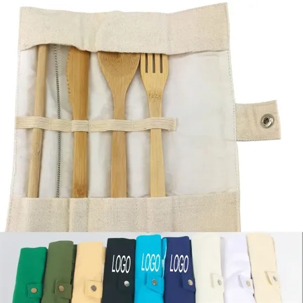 Biodegradable 5 in 1 Bamboo Tableware Set w/ Pouch